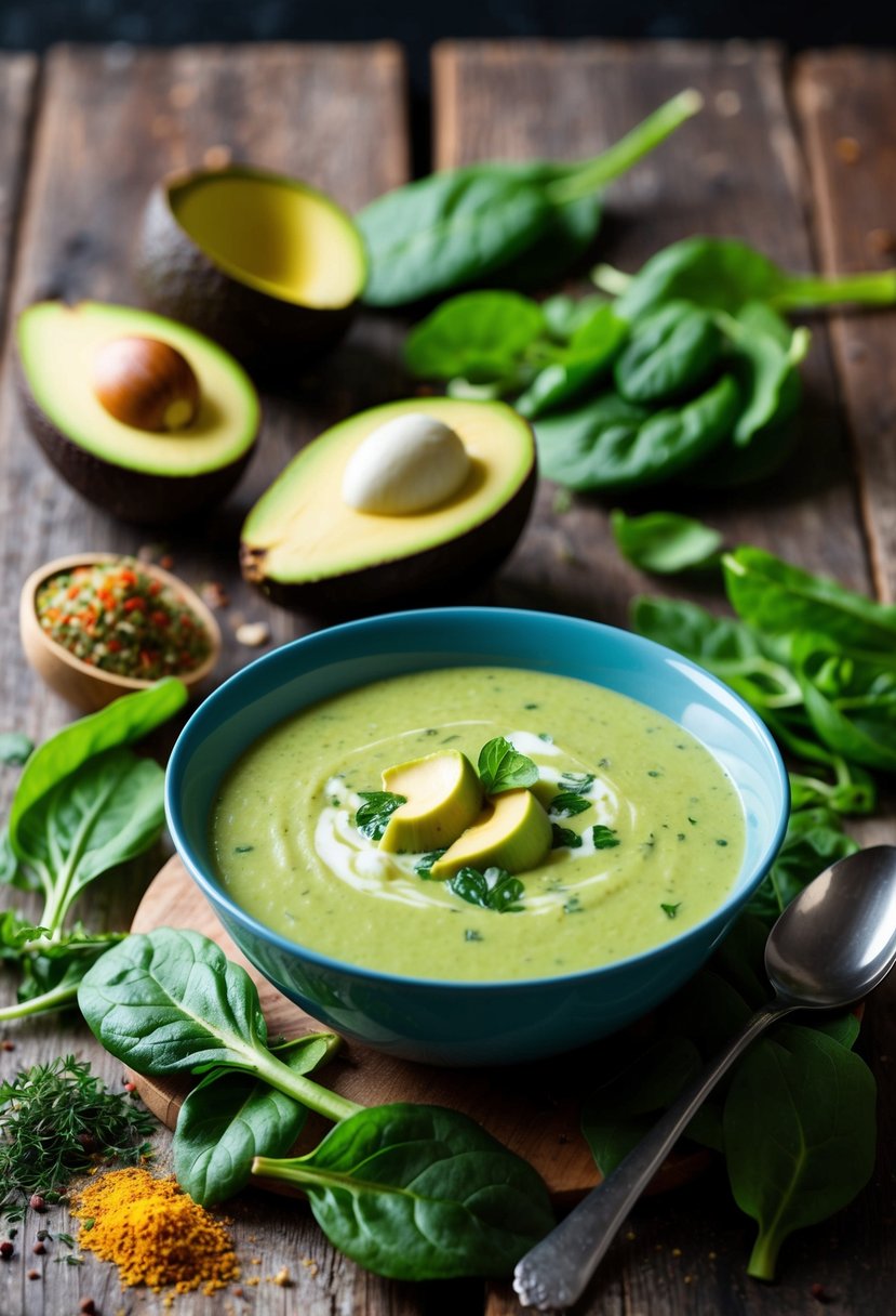 A steaming bowl of creamy avocado spinach soup sits on a rustic wooden table, surrounded by fresh ingredients like ripe avocados, vibrant green spinach leaves, and a scattering of colorful herbs and spices