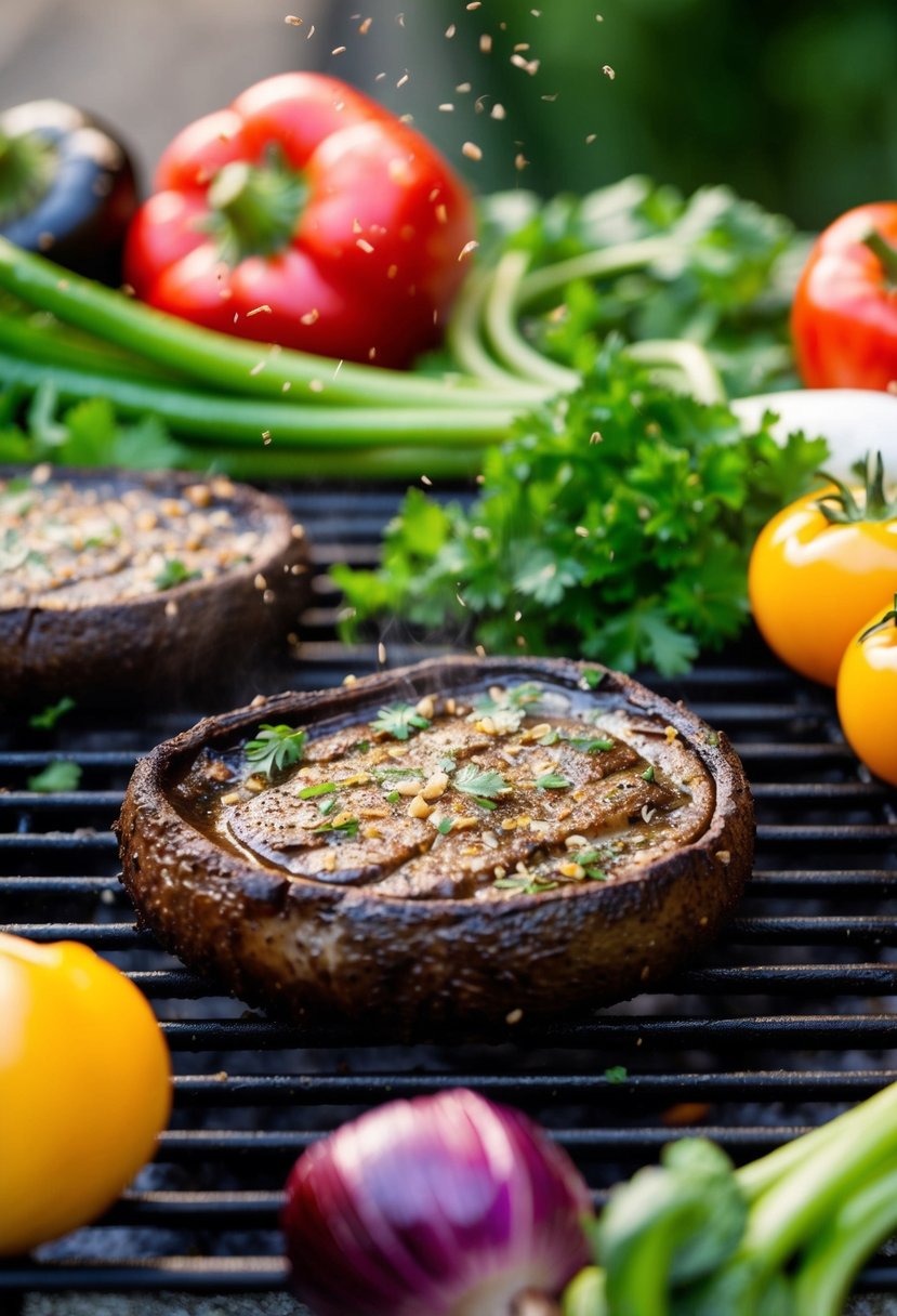 A sizzling portobello mushroom steak on a grill, surrounded by colorful low-carb vegetables and herbs, with a sprinkle of seasoning