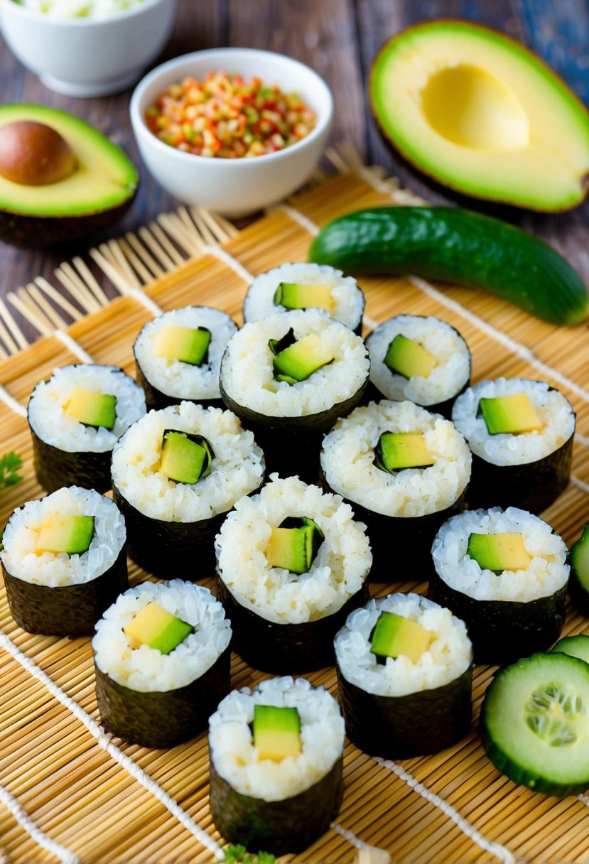 A colorful array of cauliflower rice sushi rolls arranged on a bamboo mat, surrounded by fresh avocado, cucumber, and other vegan keto ingredients