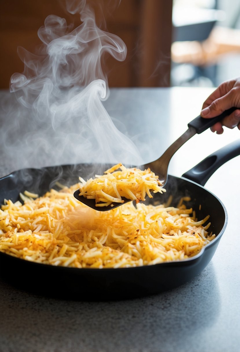 A sizzling skillet of golden shredded hashbrowns being flipped with a spatula, steam rising from the crispy edges