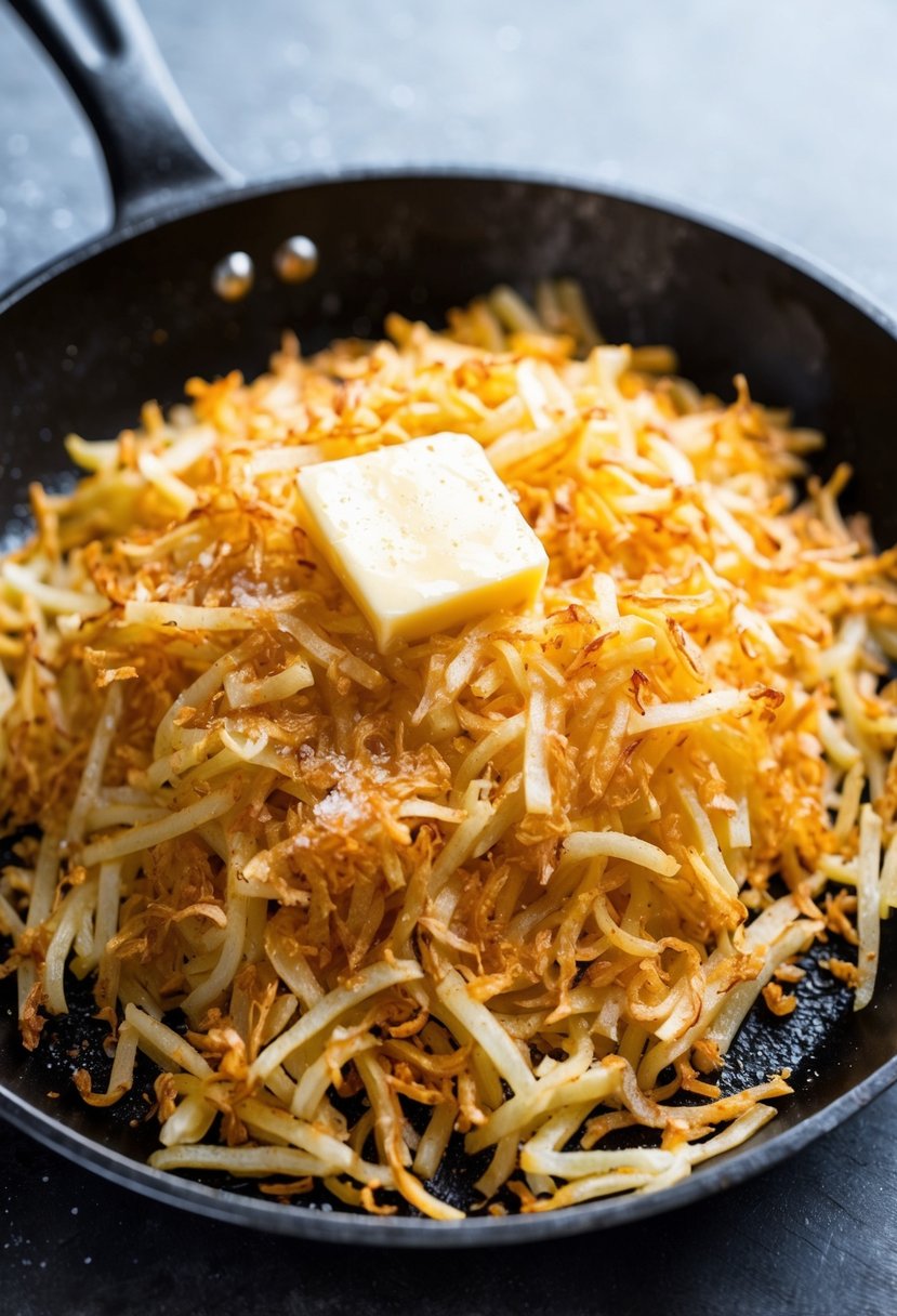 A sizzling skillet filled with golden, crispy shredded hashbrowns, glistening with butter and sprinkled with a touch of salt