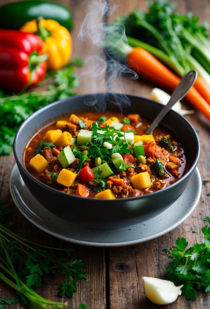 A steaming bowl of vegan keto chili surrounded by fresh vegetables and herbs on a rustic wooden table