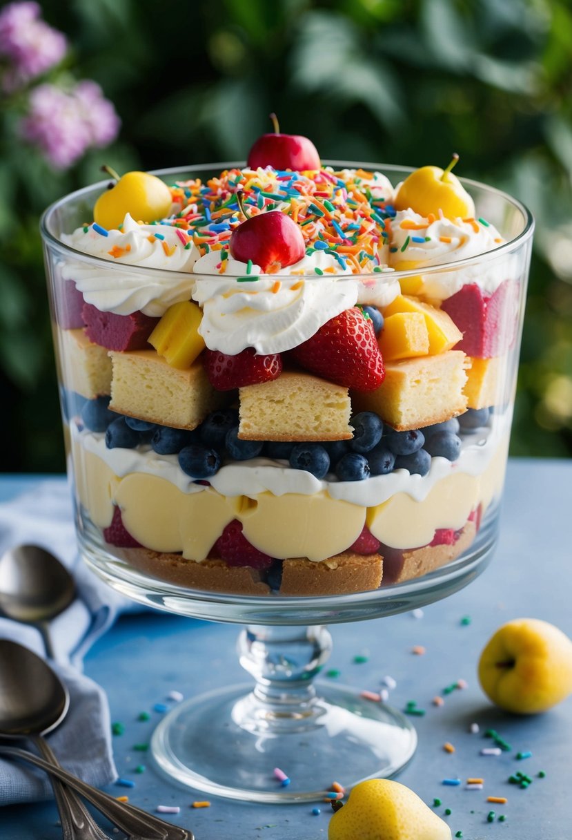 A glass trifle dish filled with layers of sponge cake, custard, fruit, and whipped cream, topped with colorful sprinkles