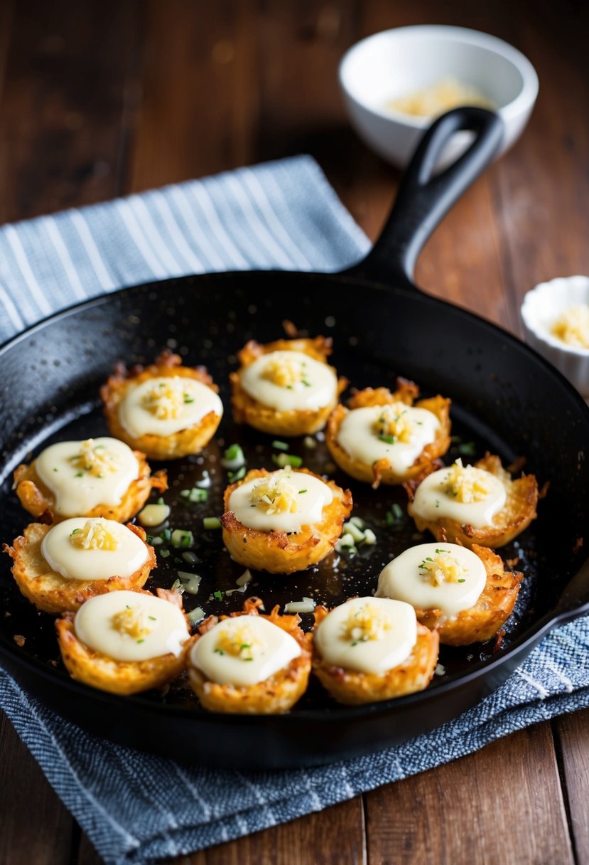 A sizzling skillet of crispy hashbrown bites topped with melted cheese and minced garlic, ready to be served