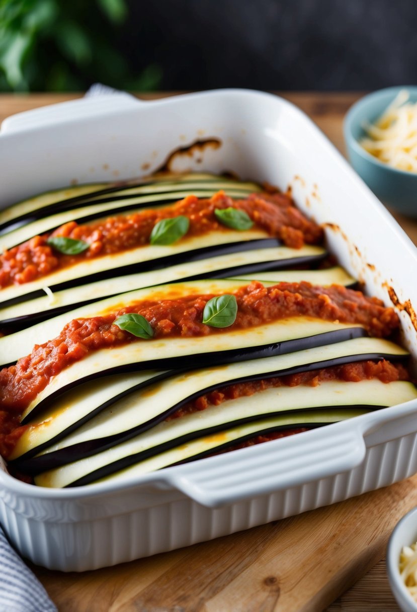 A colorful array of sliced eggplant, tomato sauce, and vegan cheese layered in a baking dish, ready to be assembled into a delicious keto-friendly eggplant lasagna