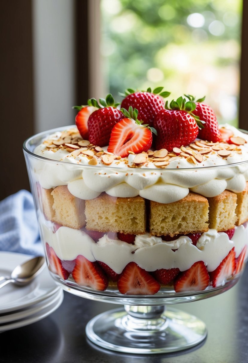 A glass trifle dish filled with layers of sponge cake, whipped cream, and fresh strawberries, topped with a sprinkle of toasted almonds