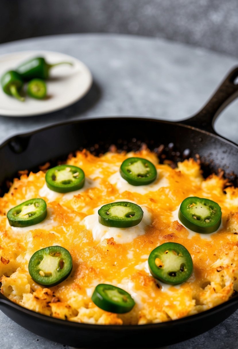 A sizzling skillet holds a golden, crispy hashbrown casserole topped with spicy jalapeños and bubbling cheese