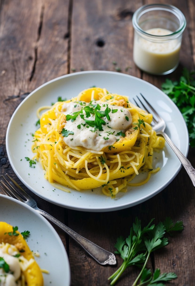 A steaming plate of spaghetti squash alfredo with vegan keto ingredients, garnished with fresh herbs, sits on a rustic wooden table