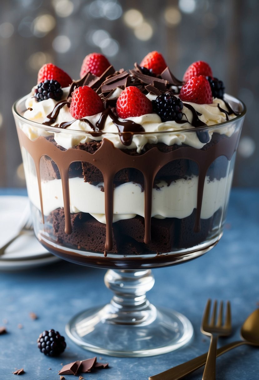 A glass trifle dish layered with chocolate brownie chunks, whipped cream, and drizzled with chocolate sauce, topped with chocolate shavings and fresh berries