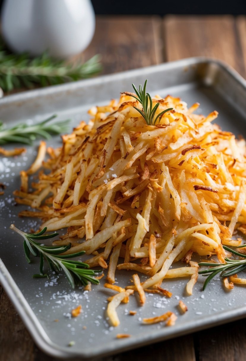 A golden-brown pile of crispy oven-baked shredded hashbrowns on a baking sheet, surrounded by a sprinkle of salt and a few sprigs of fresh rosemary