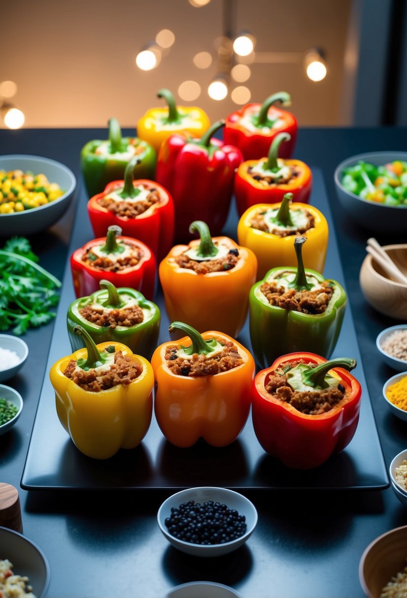 A colorful array of stuffed bell peppers, arranged on a sleek, modern dinner table, surrounded by various keto-friendly vegan ingredients