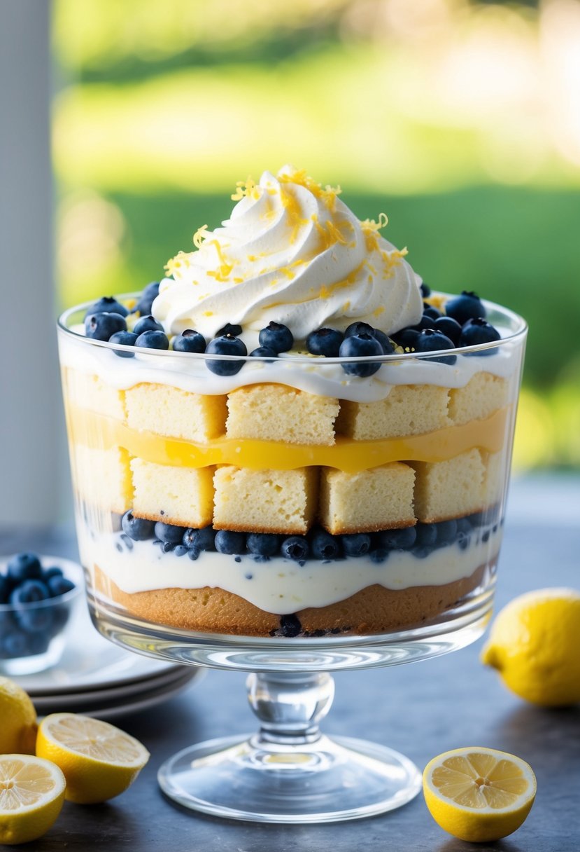 A glass trifle dish filled with layers of lemon-infused cake, creamy custard, and juicy blueberries, topped with whipped cream and lemon zest