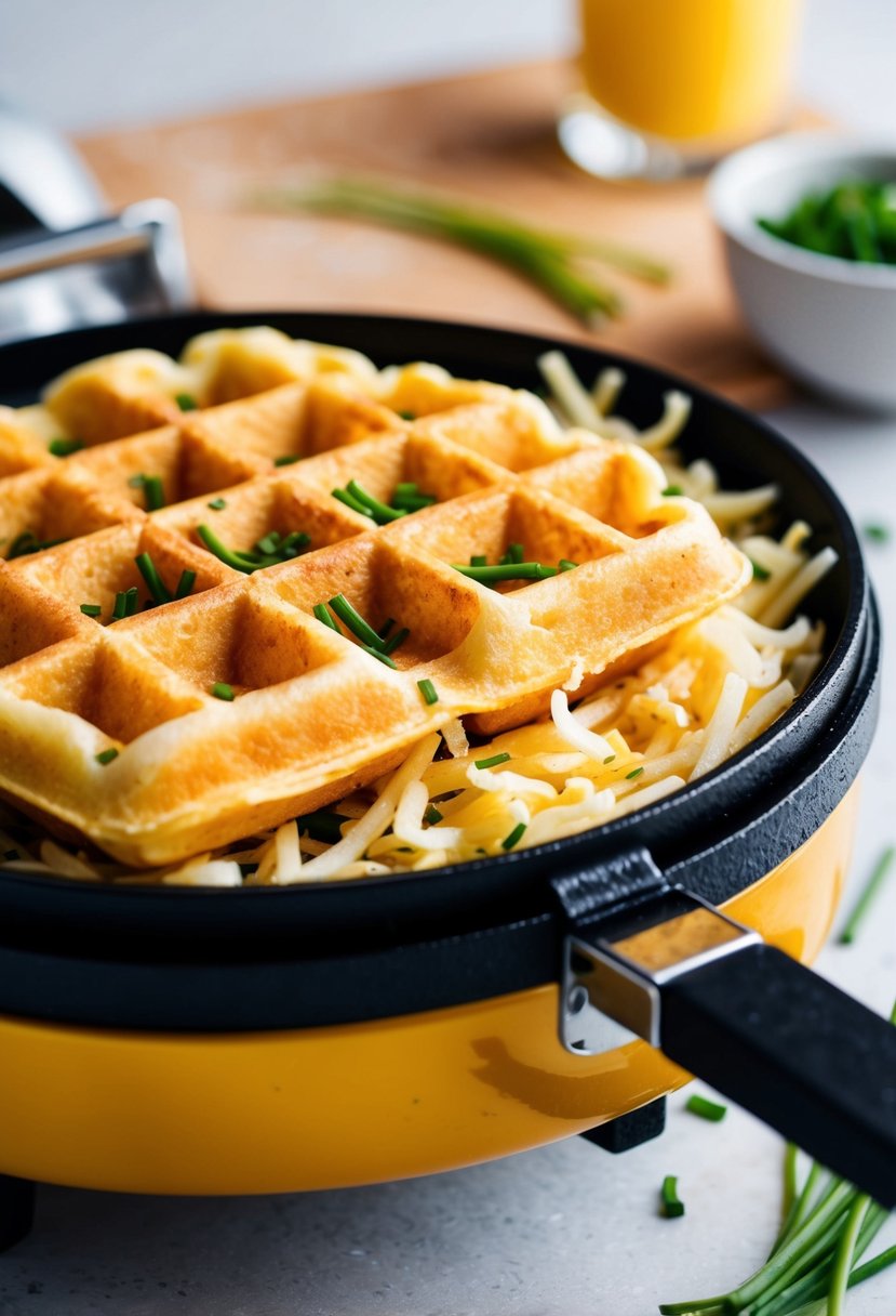 A golden waffle iron filled with shredded hashbrowns, sprinkled with fresh chives