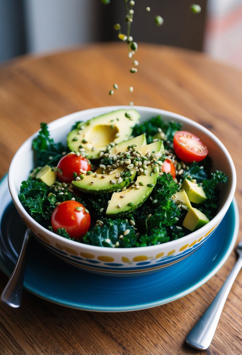 A colorful bowl filled with kale, hemp seeds, avocado, and cherry tomatoes, drizzled with a tangy vinaigrette, sits on a wooden table