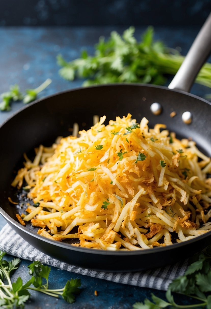 Golden shredded hashbrowns sizzling in a skillet with sprigs of fresh herbs scattered around