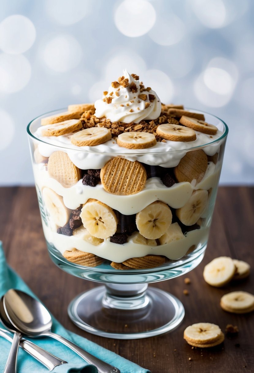 A clear glass trifle bowl filled in layers with vanilla wafers, sliced bananas, creamy pudding, and topped with whipped cream and a sprinkle of crumbled cookies