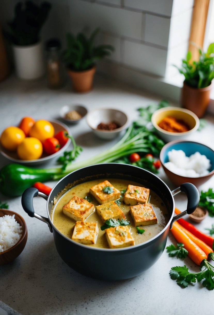 A pot of bubbling coconut curry tofu surrounded by colorful vegetables and aromatic spices on a kitchen counter