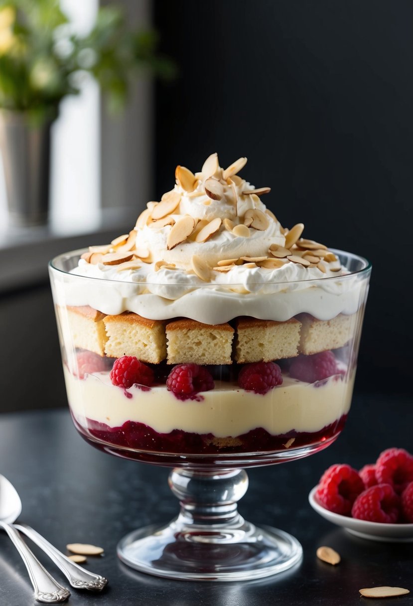 A glass trifle dish filled with layers of raspberry jam, almond-flavored sponge cake, and creamy custard, topped with whipped cream and slivered almonds