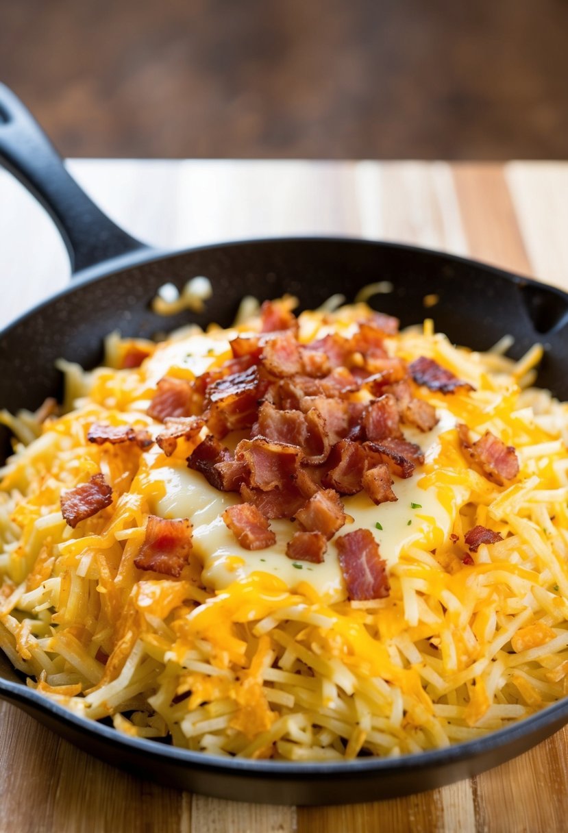 A sizzling skillet of golden shredded hashbrowns, topped with melted cheese and crispy bacon bits