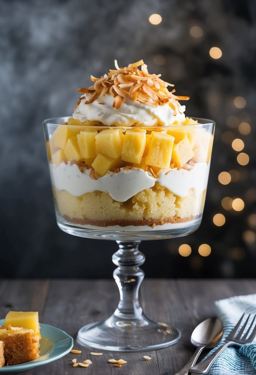 A glass trifle dish filled with layers of pineapple, coconut cream, and sponge cake, topped with whipped cream and toasted coconut flakes