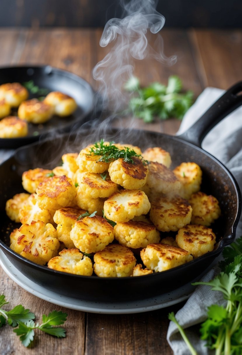 A pile of golden-brown vegan cauliflower hashbrowns sizzling in a skillet, steam rising, with a sprinkle of fresh herbs on top