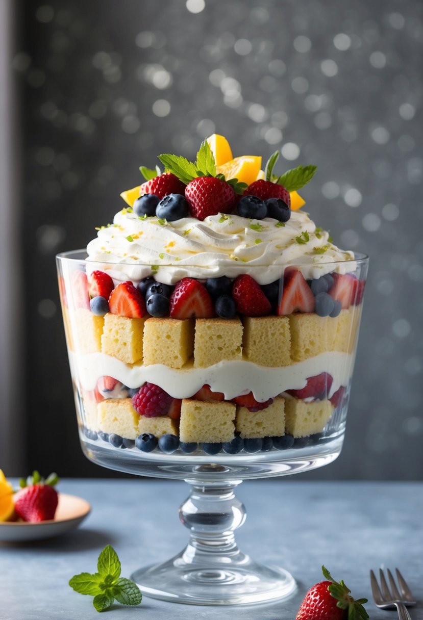 A glass trifle dish layered with sponge cake, mixed berries, and whipped cream, topped with fresh fruit and mint leaves