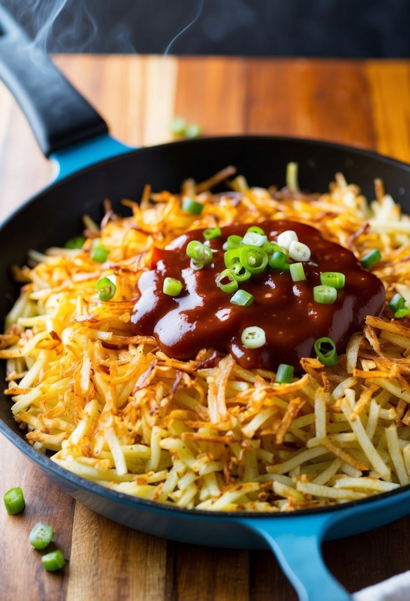 A sizzling skillet with golden-brown shredded hashbrowns, topped with a smoky BBQ sauce and sprinkled with green onions