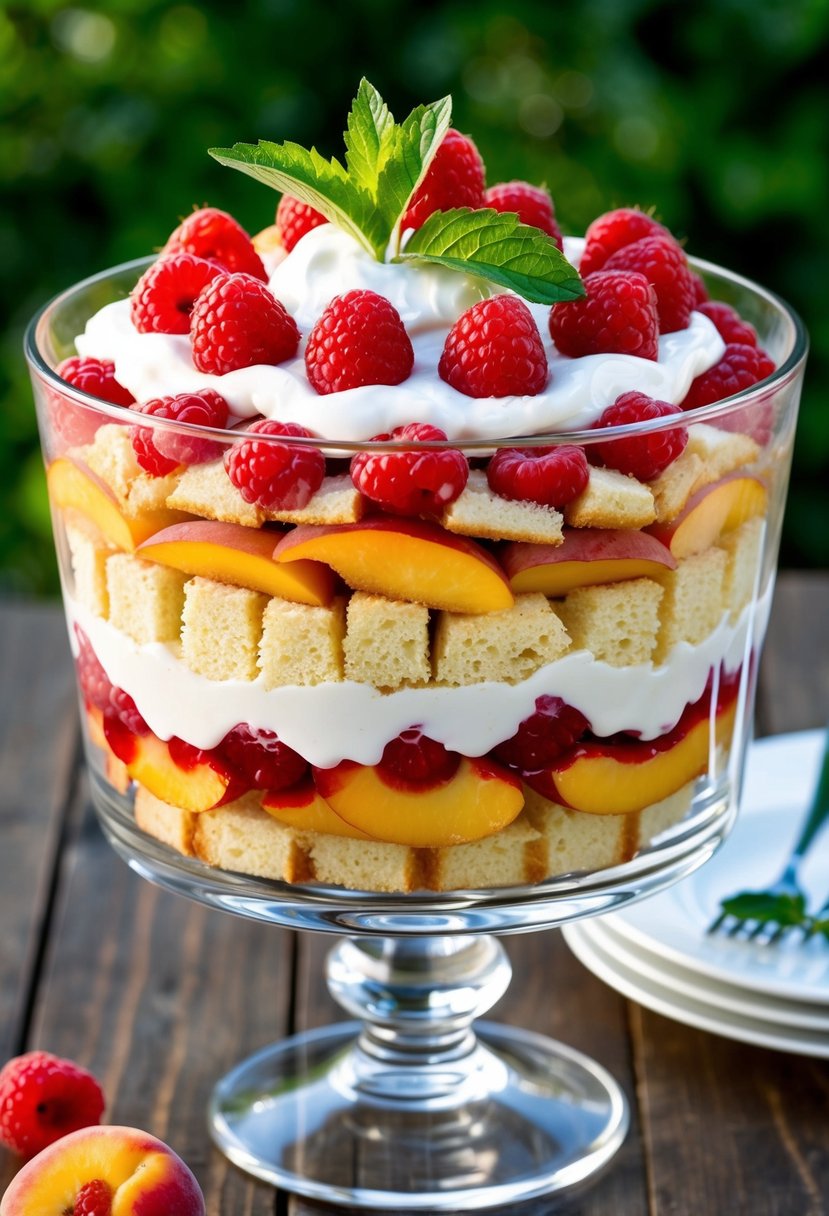 A glass trifle dish filled with layers of sponge cake, peaches, raspberry sauce, and whipped cream, topped with fresh raspberries and mint leaves