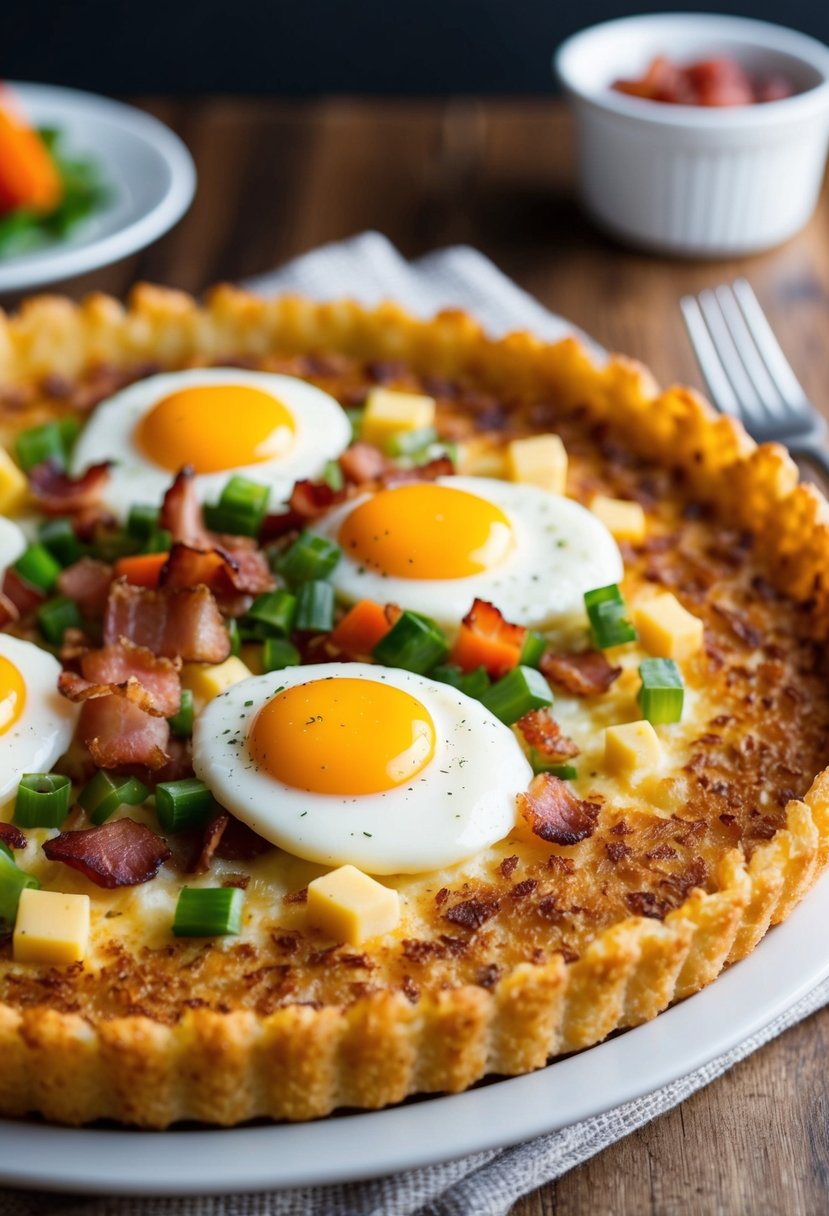 A golden crispy hashbrown crust topped with savory breakfast ingredients like eggs, cheese, bacon, and vegetables, all baked to perfection