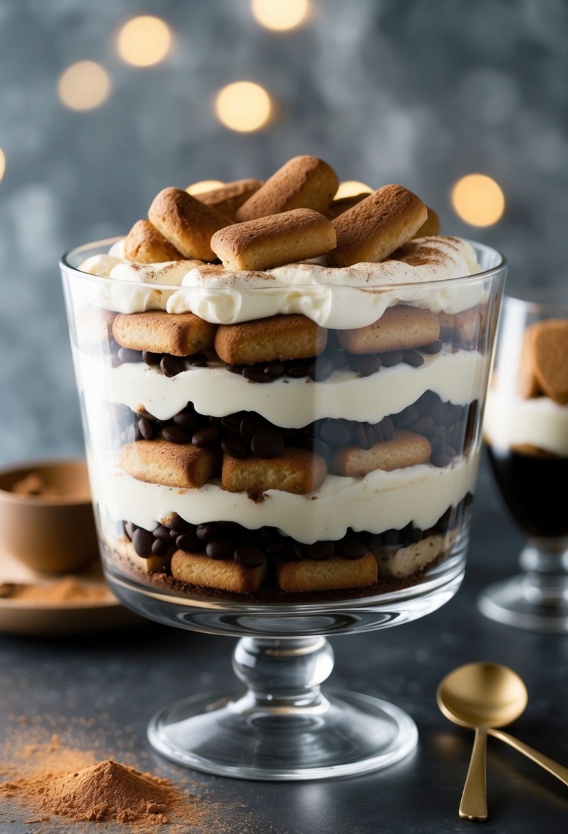 A glass trifle dish filled with layers of coffee-soaked ladyfingers, creamy mascarpone, and dusted with cocoa powder