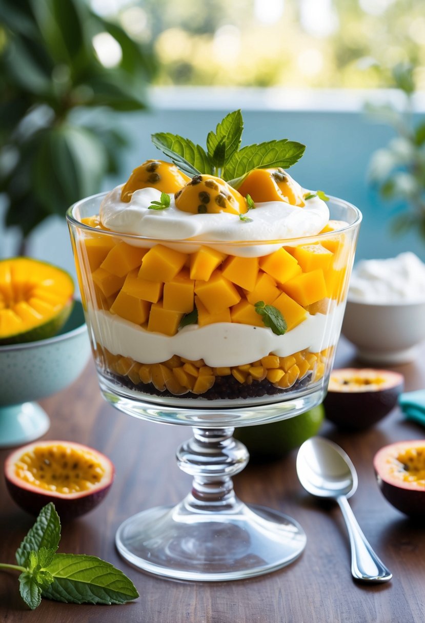 A glass trifle dish layered with mango and passion fruit, topped with whipped cream and garnished with fresh mint leaves