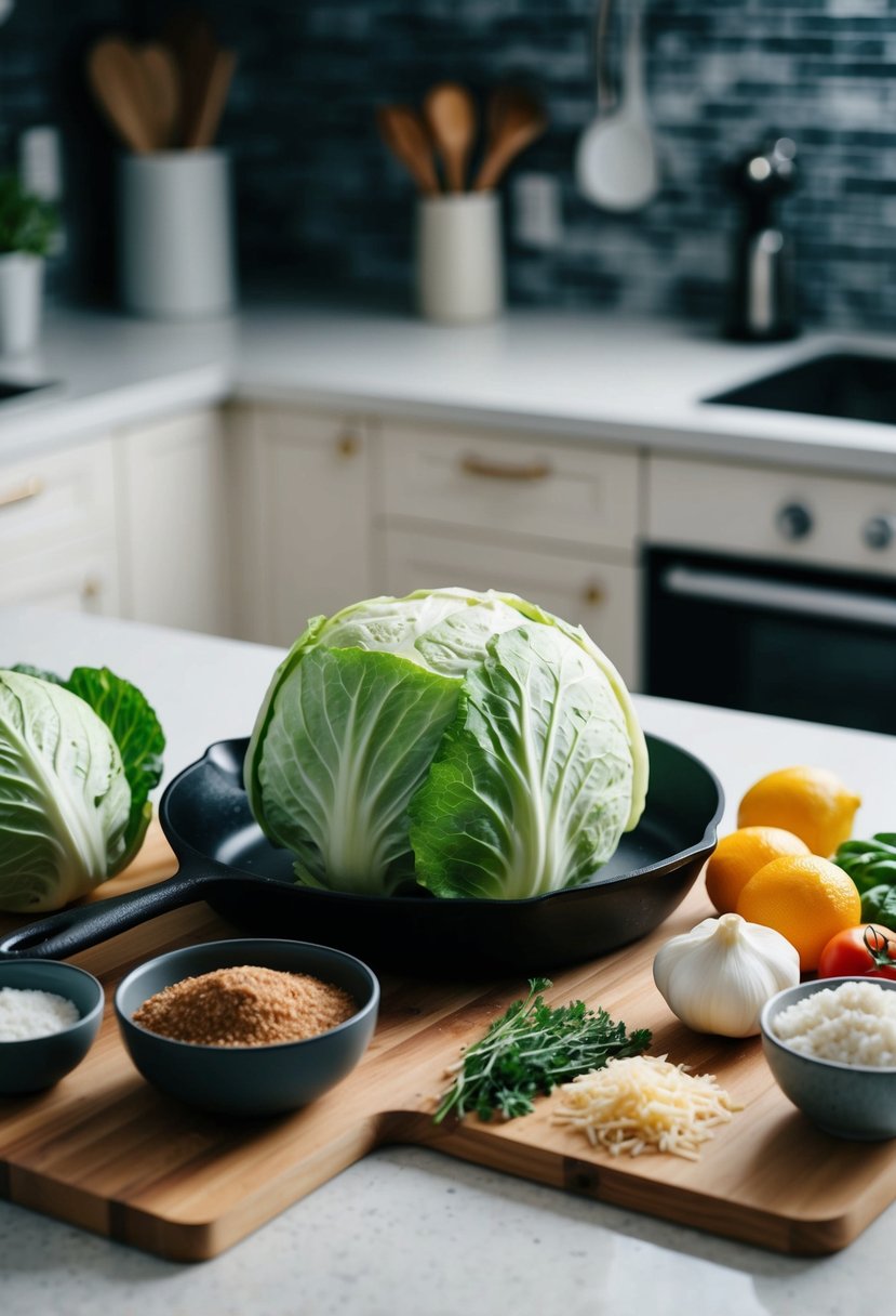 A head of cabbage, a skillet, and various ingredients laid out on a kitchen counter for a keto dinner recipe