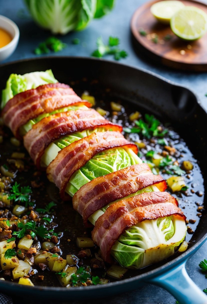 Cabbage steaks wrapped in bacon on a sizzling skillet with keto-friendly ingredients scattered around