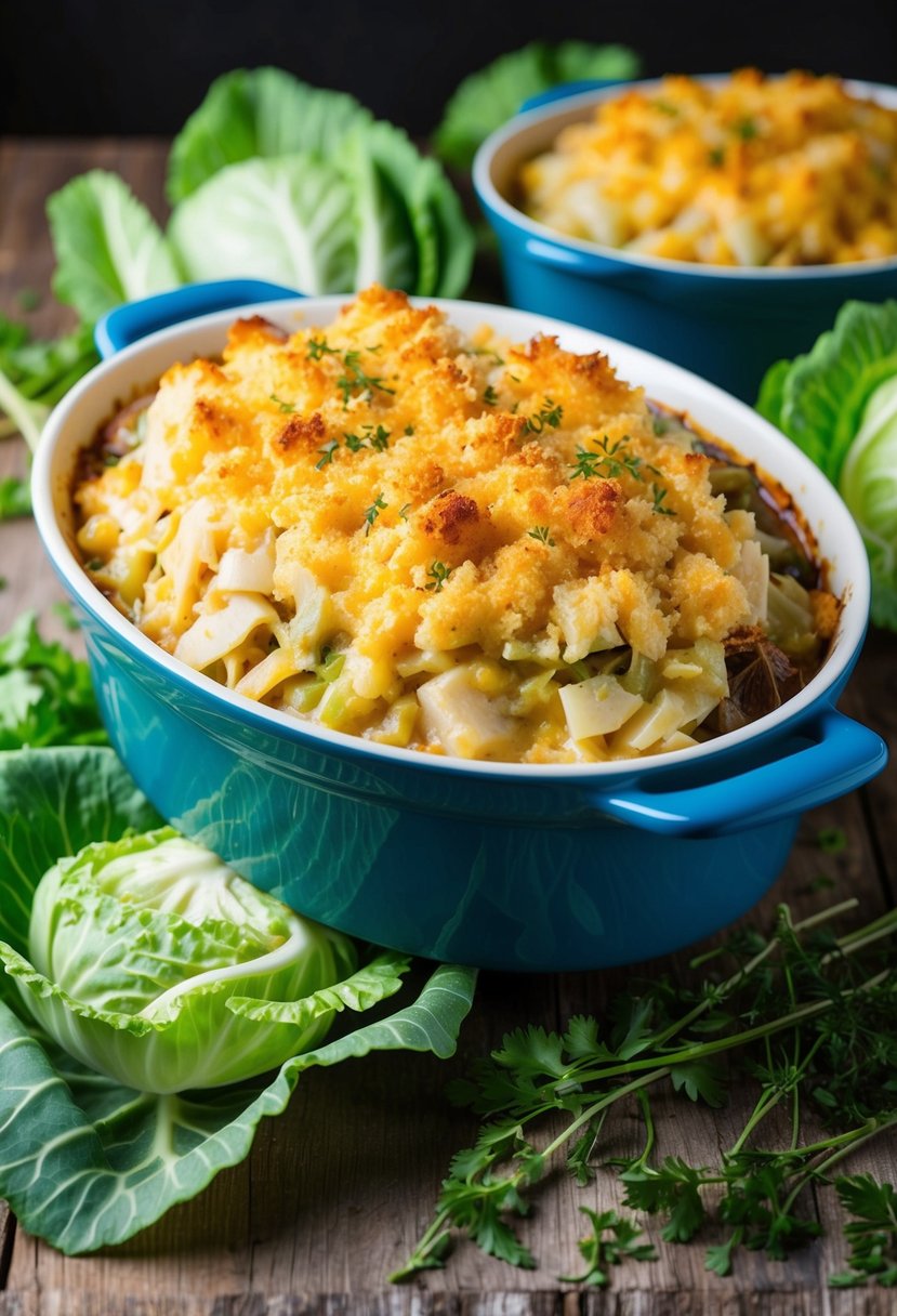 A bubbling casserole dish filled with layers of cheesy cabbage, topped with golden brown breadcrumbs, surrounded by fresh cabbage leaves and a scattering of herbs