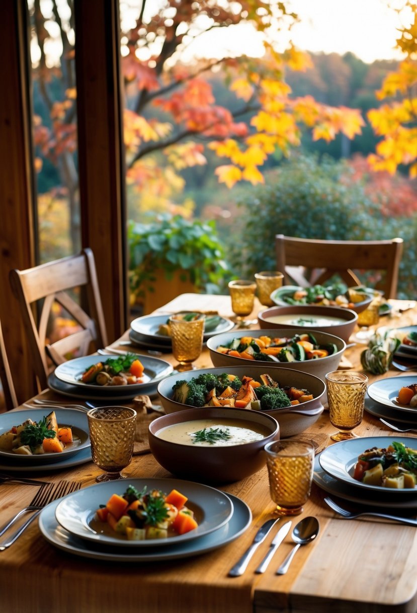 A table set with warm, earthy tones, filled with hearty vegetarian dishes like roasted vegetables, creamy soups, and crusty bread. Outside, the leaves are changing colors, creating a cozy fall atmosphere