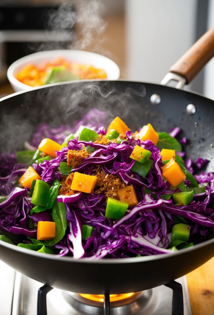 A sizzling wok filled with vibrant purple and green cabbage, diced peppers, and sizzling spices