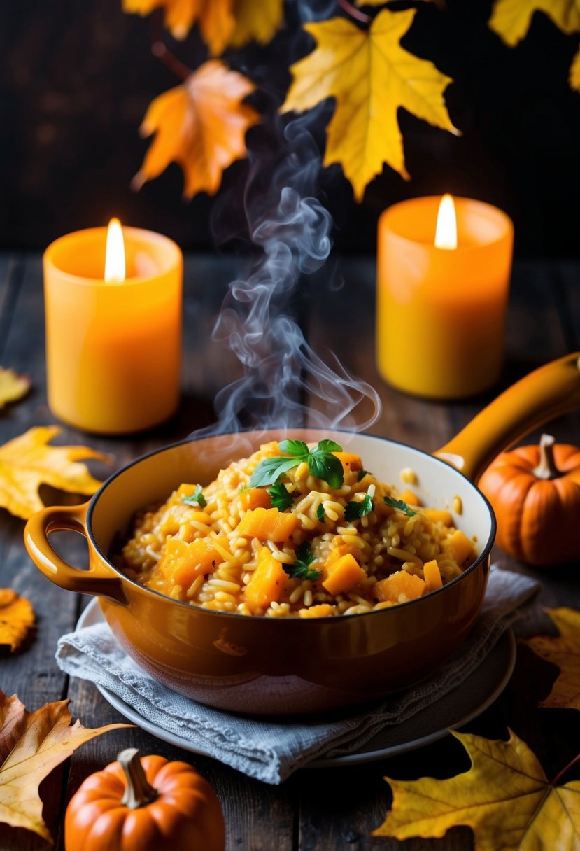 A steaming pot of butternut squash risotto surrounded by autumn leaves and a warm candlelit table