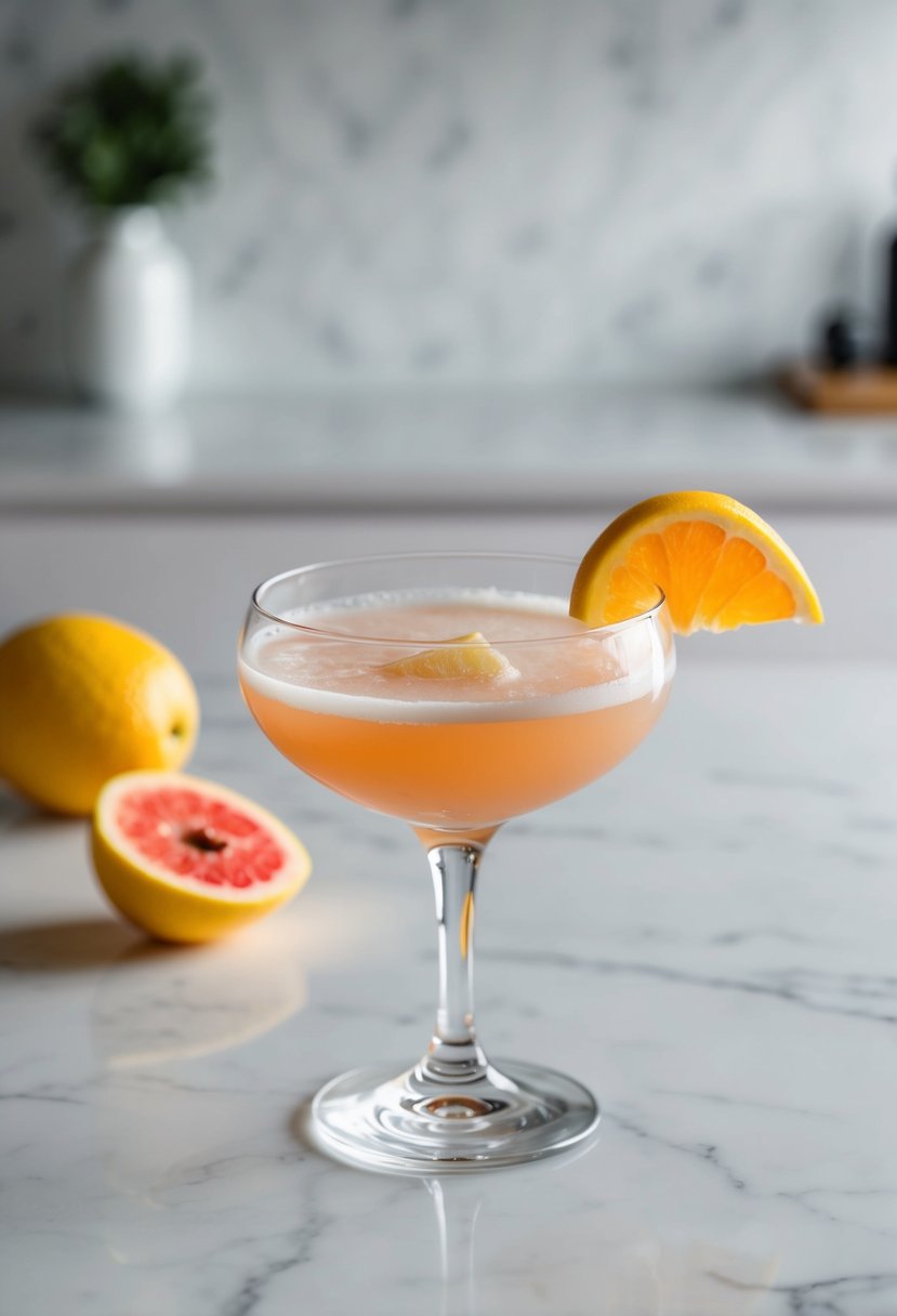 A clear glass filled with a simple two-ingredient cocktail sits on a clean, marble countertop, garnished with a slice of fresh fruit