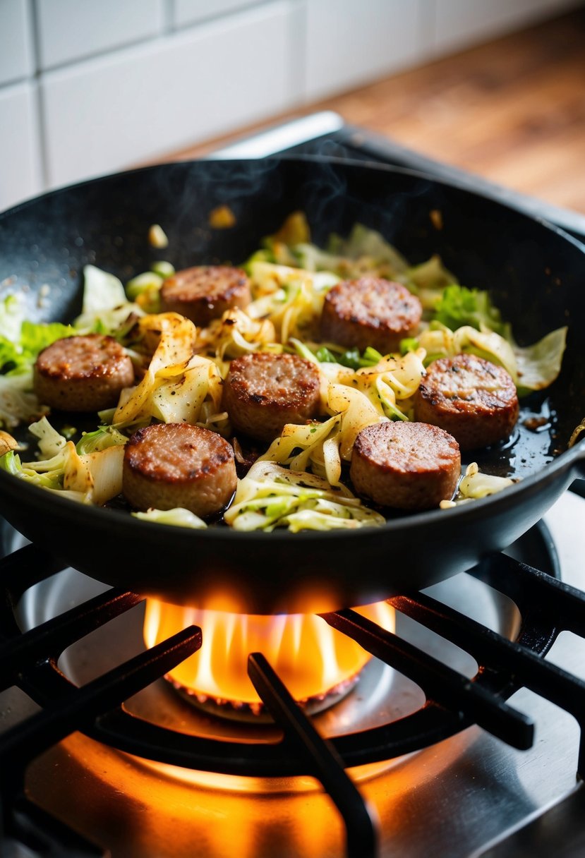 A sizzling skillet with sausage, cabbage, and keto-friendly seasonings cooking over a stovetop flame