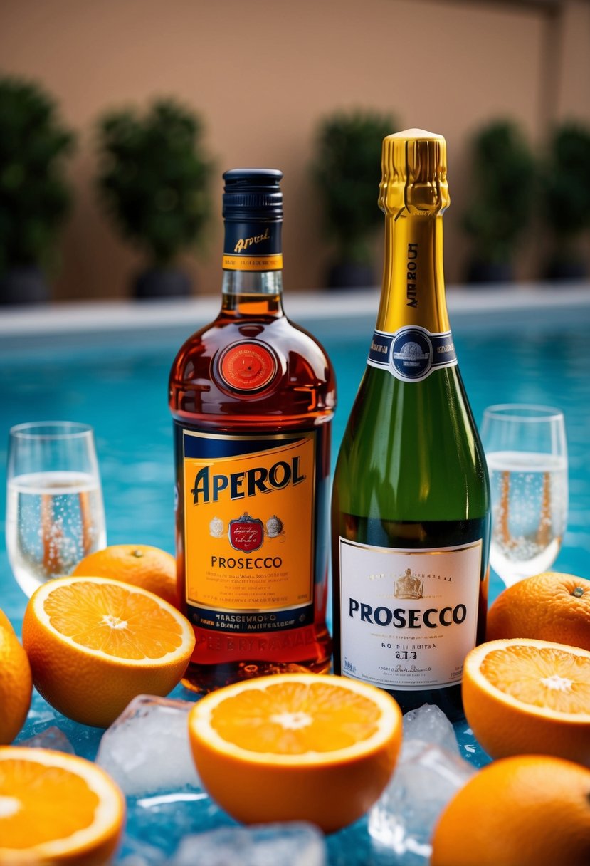 Aperol and Prosecco bottles surrounded by fresh oranges and ice