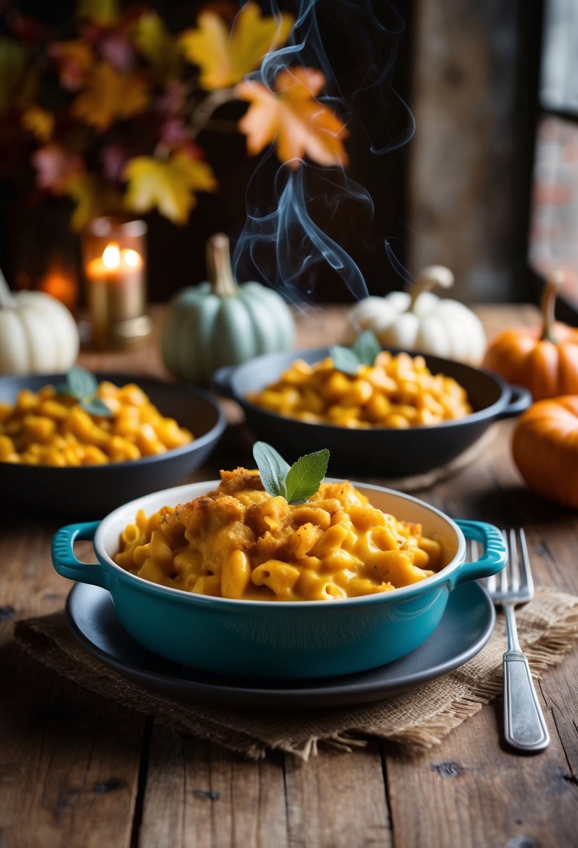 A steaming dish of pumpkin sage mac and cheese on a rustic table with fall foliage and cozy lighting