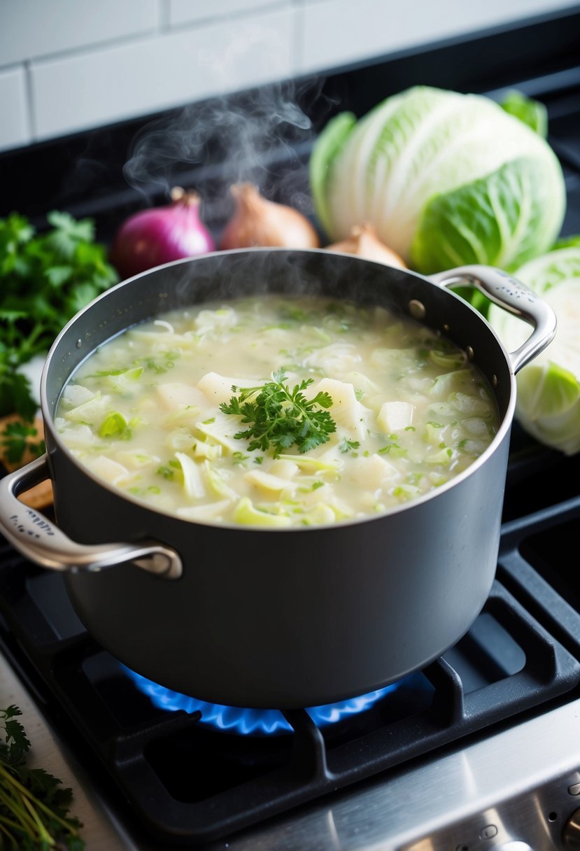 A steaming pot of creamy cabbage soup simmering on a stove, surrounded by fresh cabbage, onions, and herbs