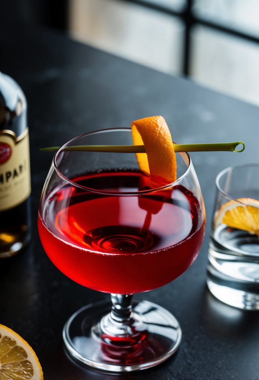 A glass filled with red Campari and a second clear liquid, garnished with a citrus twist