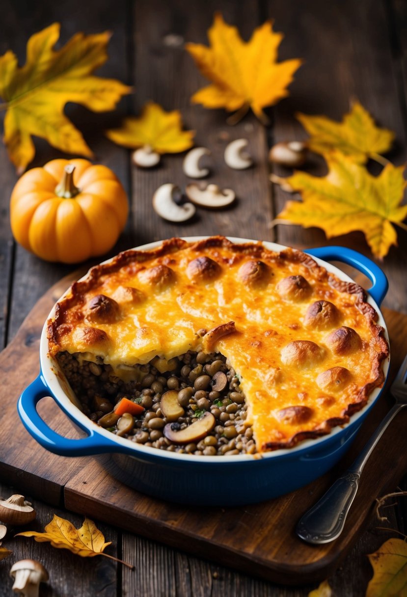 A bubbling shepherd's pie, filled with lentils and mushrooms, sits on a rustic wooden table surrounded by autumn leaves and a warm, cozy atmosphere