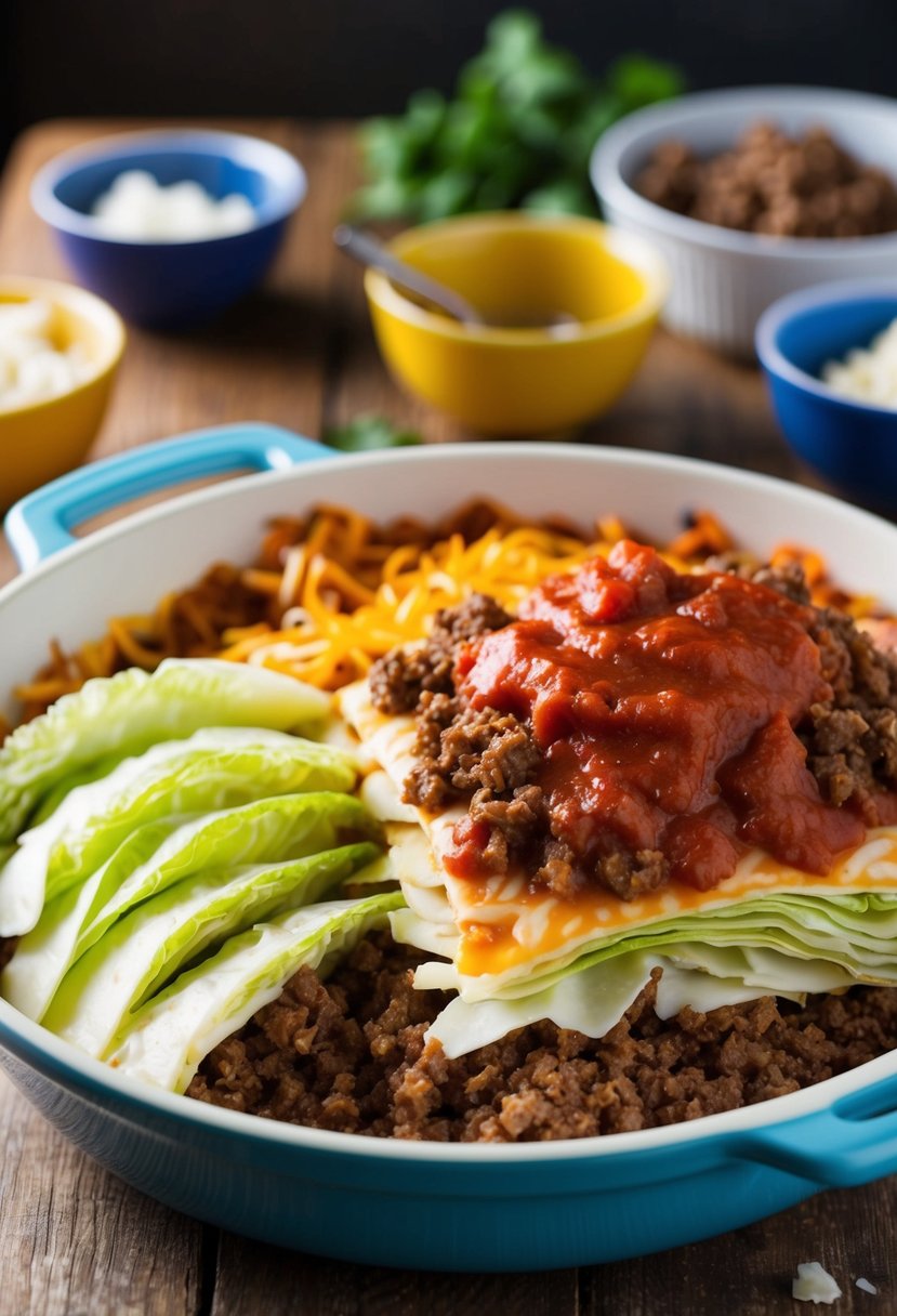 A colorful array of sliced cabbage, marinara sauce, and layers of cheese and ground beef stacked in a baking dish