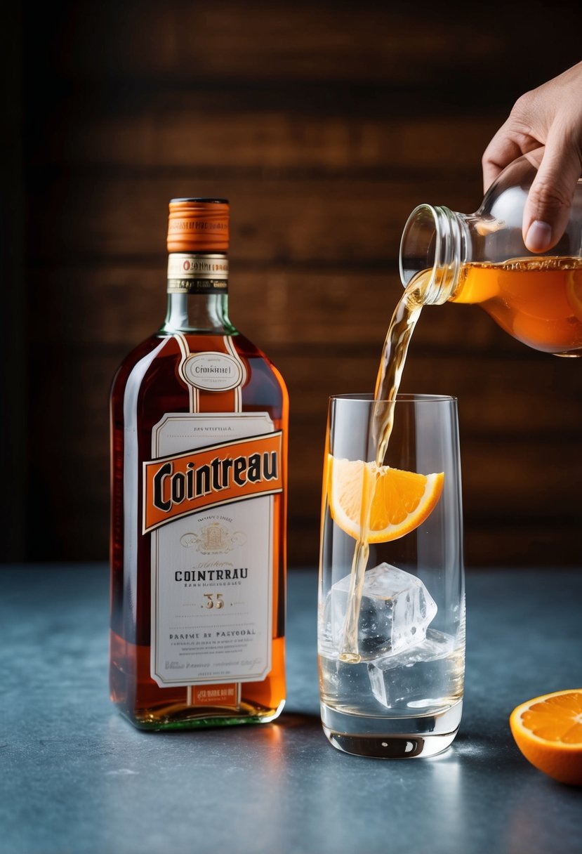 A bottle of Cointreau sits next to a glass filled with ice and an orange wedge. A second glass is being poured with the liqueur