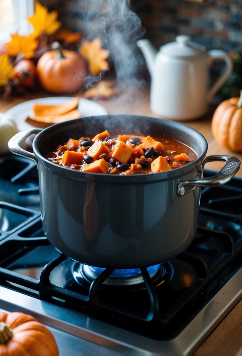 A steaming pot of sweet potato and black bean chili simmering on a stovetop, surrounded by fall foliage and a cozy kitchen setting