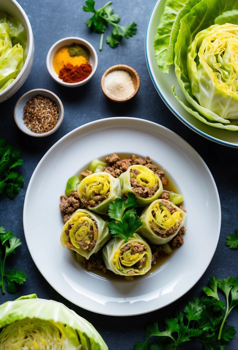 A plate of stuffed cabbage rolls surrounded by keto-friendly ingredients such as cabbage, ground meat, and spices