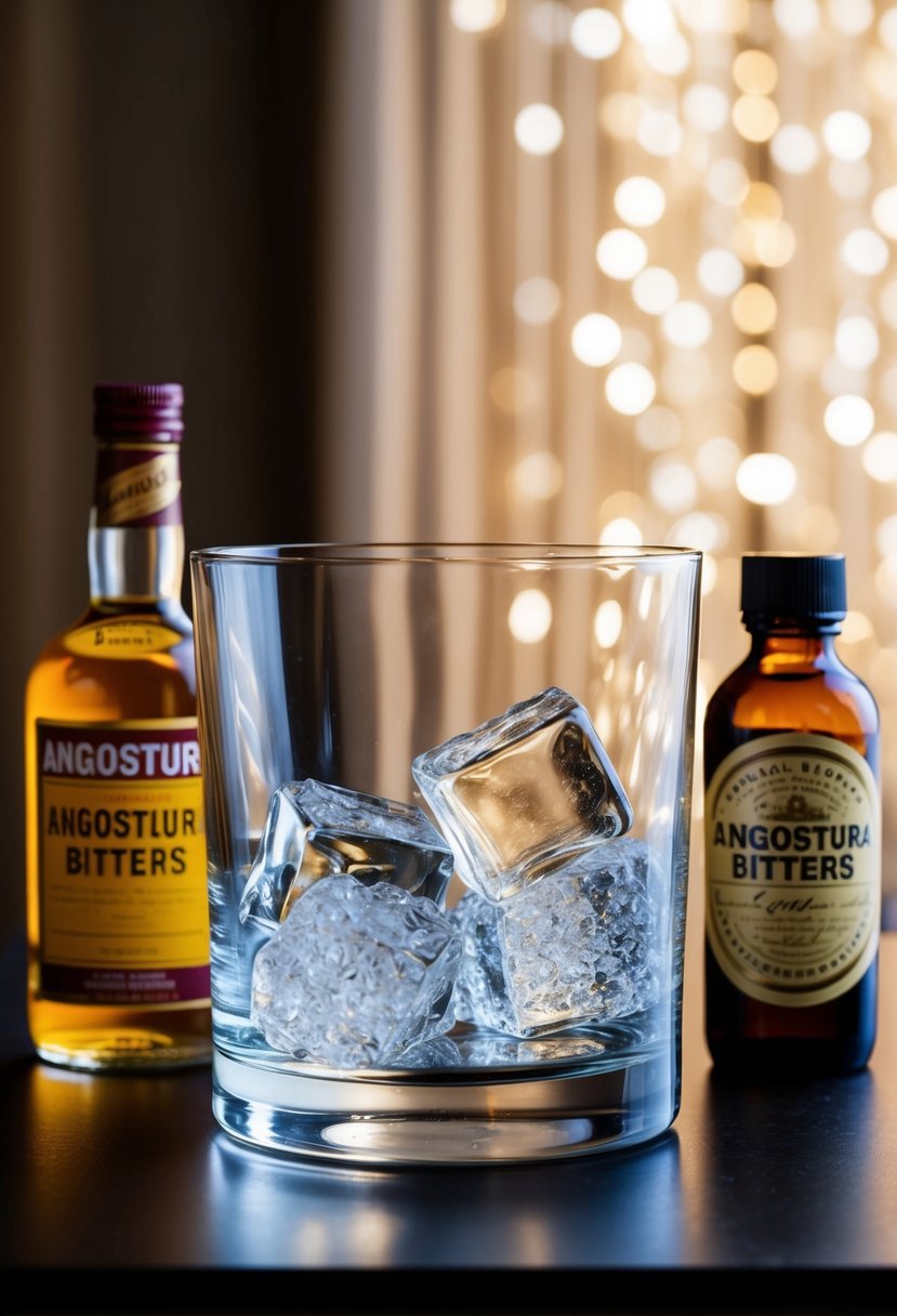 A crystal-clear glass filled with ice, with a bottle of Angostura Bitters and another of a second ingredient nearby, set against a stylish backdrop