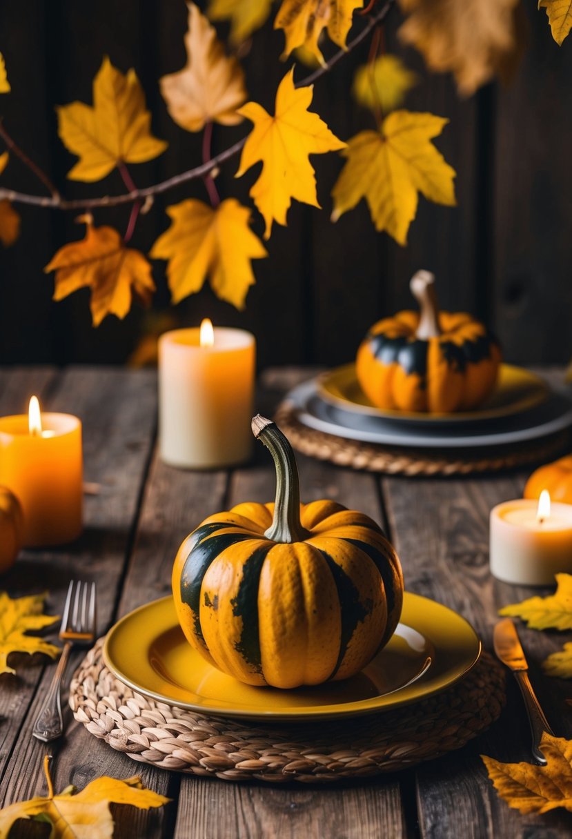 A rustic wooden table set with a stuffed acorn squash, surrounded by autumn leaves and warm candlelight